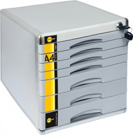 Abschließbare Schubladenbox in metall grau mit 4 flachen und 4 höheren Fächern