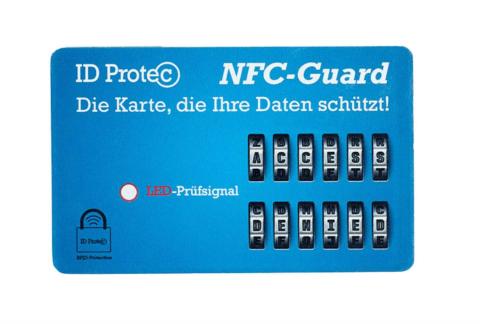 NFC-Guard Karte in blau mit LED-Prüfsignal