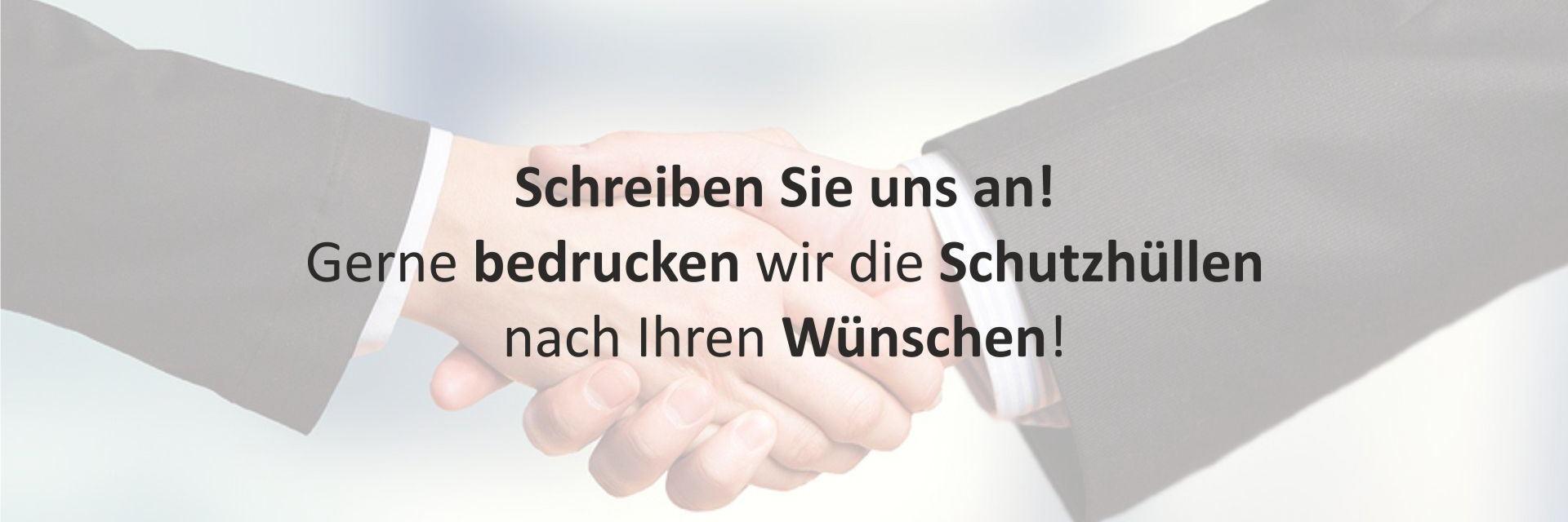 Zwei Menschen geben sich die Hand im Hintergrund, Text überlagert das Bild – Symbol für Zusammenarbeit und Kommunikation