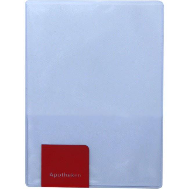 Rezepthülle aus transparenter PVC-Weichfolie im Hochformat mit rotem Druck