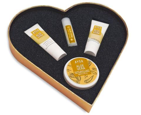 Marketingbox in Herzform, gold, mit Inhalt zur Präsentation